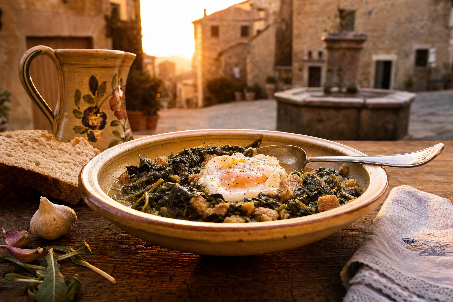 Piatto fondo di acquacotta con uovo in camicia, pane raffermo e cicoria su tavolo di legno rustico in piazza a Farnese al tramonto.