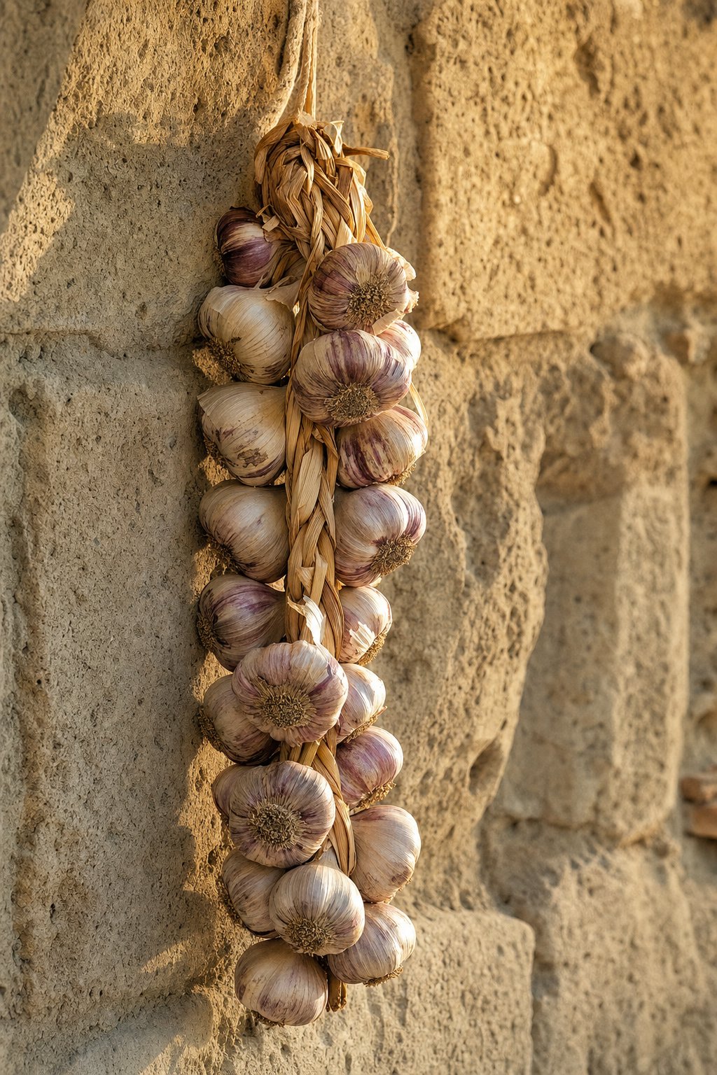 Treccia di aglio rosso di Proceno con tuniche rosa violacee appesa a un muro di tufo, illuminata da luce laterale morbida.