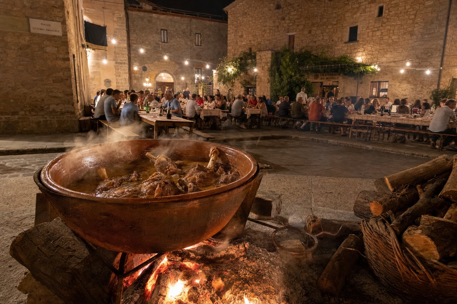 Pentola di terracotta bujone su fuoco a legna con agnello che cuoce lentamente in una piazza di Valentano di sera, atmosfera rustica.