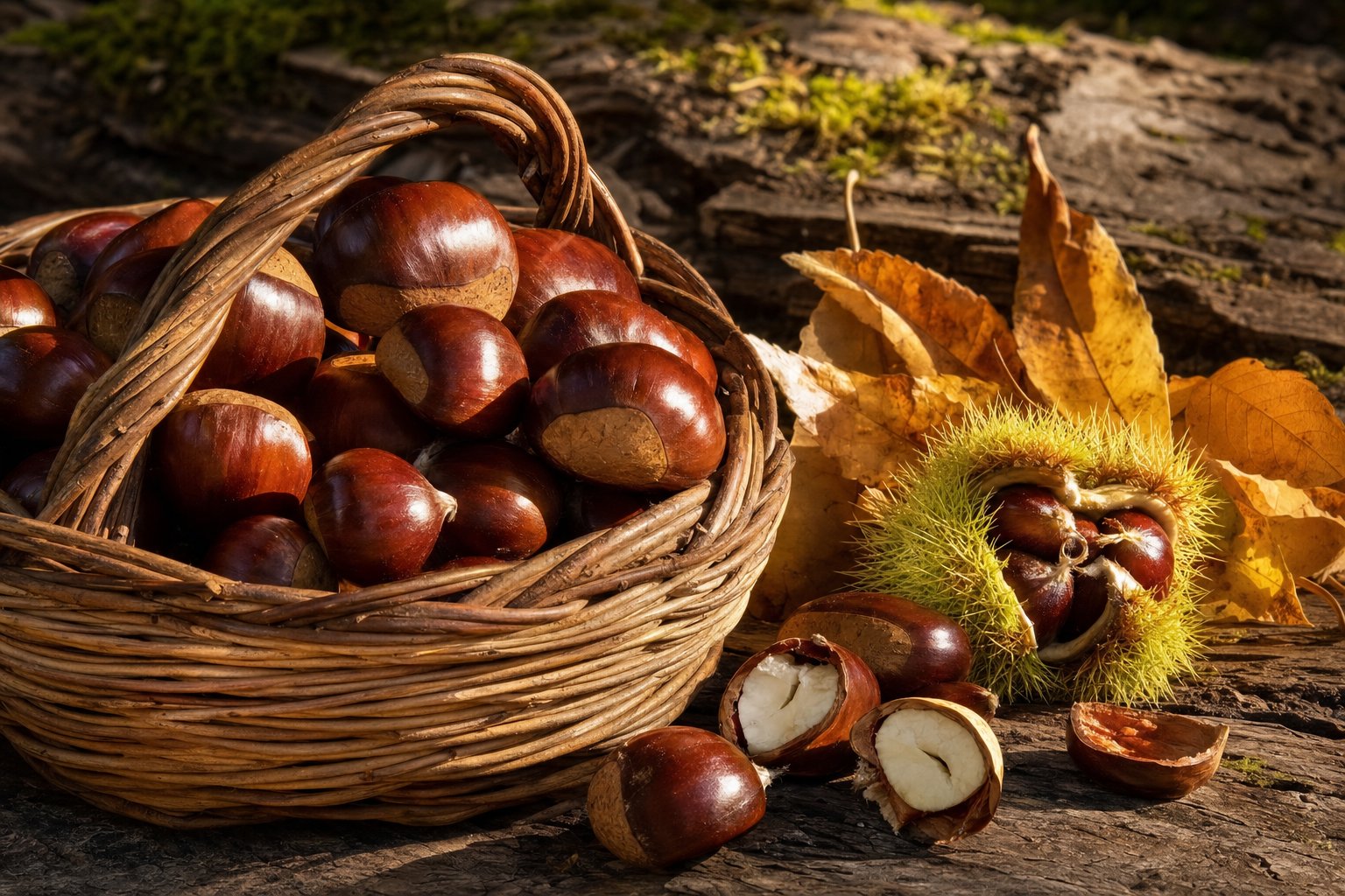 Castagne di Vallerano DOP lucide in un cesto di vimini, riccio aperto e foglie secche su tavolo rustico in luce autunnale.