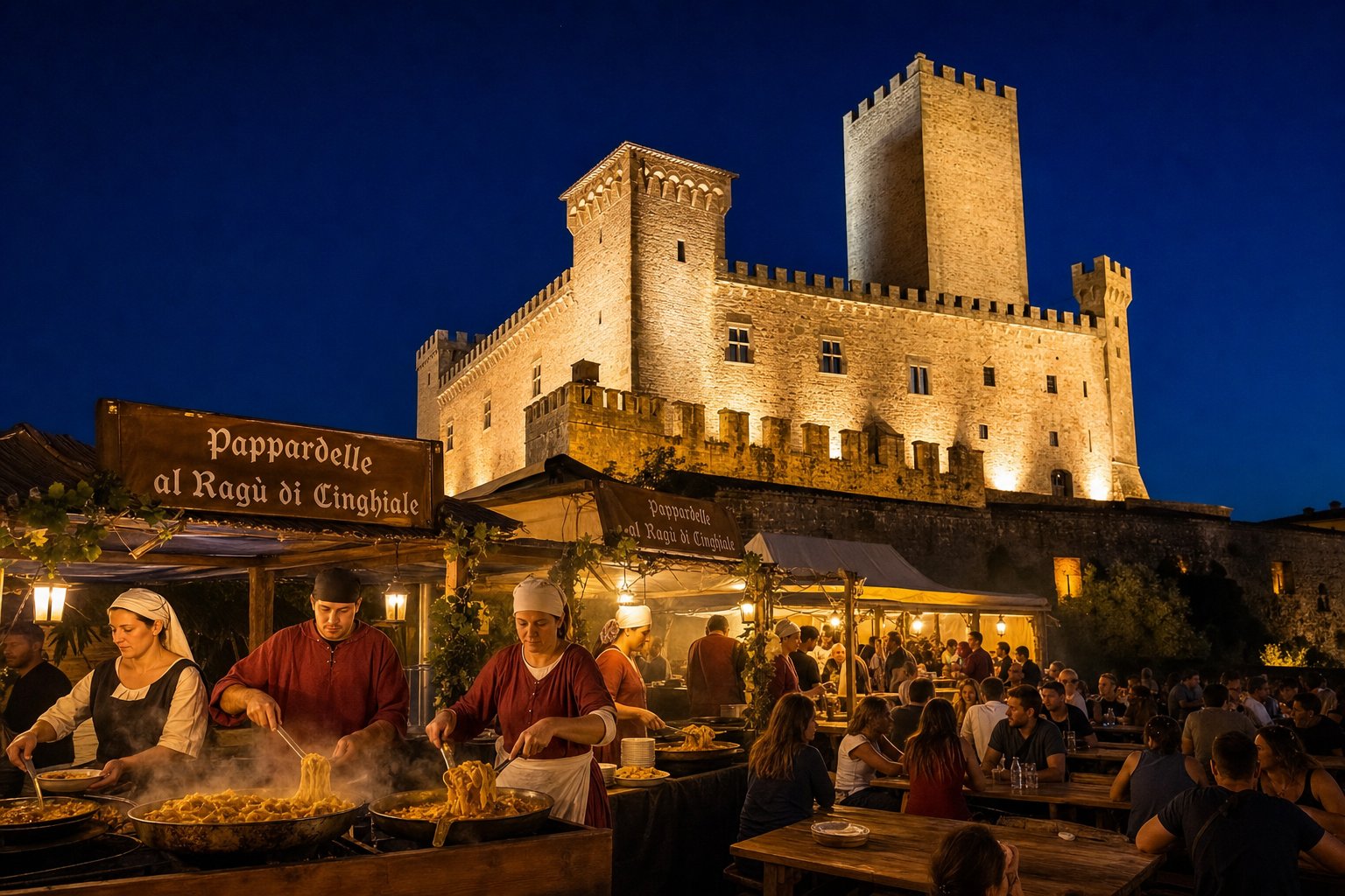 Castello di Torre Alfina illuminato di sera con stand gastronomici che servono pappardelle al ragù di cinghiale, atmosfera medievale.