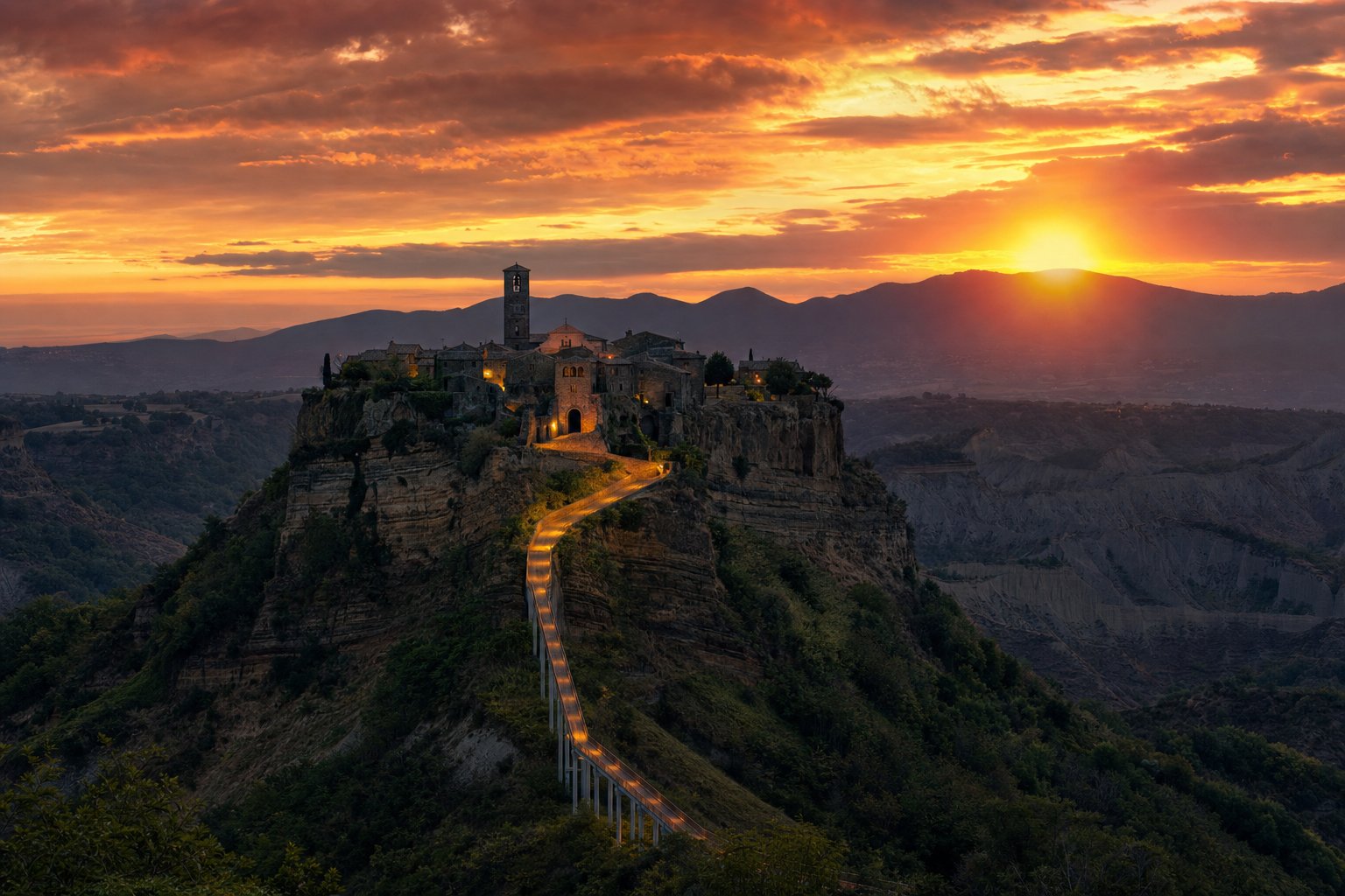 Chiostro di San Francesco a Civita Castellana di sera con palco teatrale, colonne rinascimentali illuminate e pubblico attento.