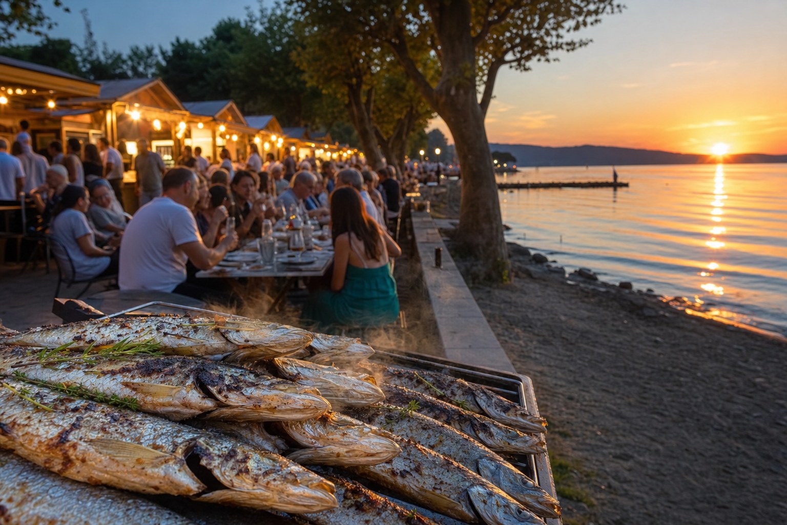 Lungolago di Capodimonte al tramonto con stand gastronomici illuminati, pesce grigliato e riflessi arancioni sul lago di Bolsena.