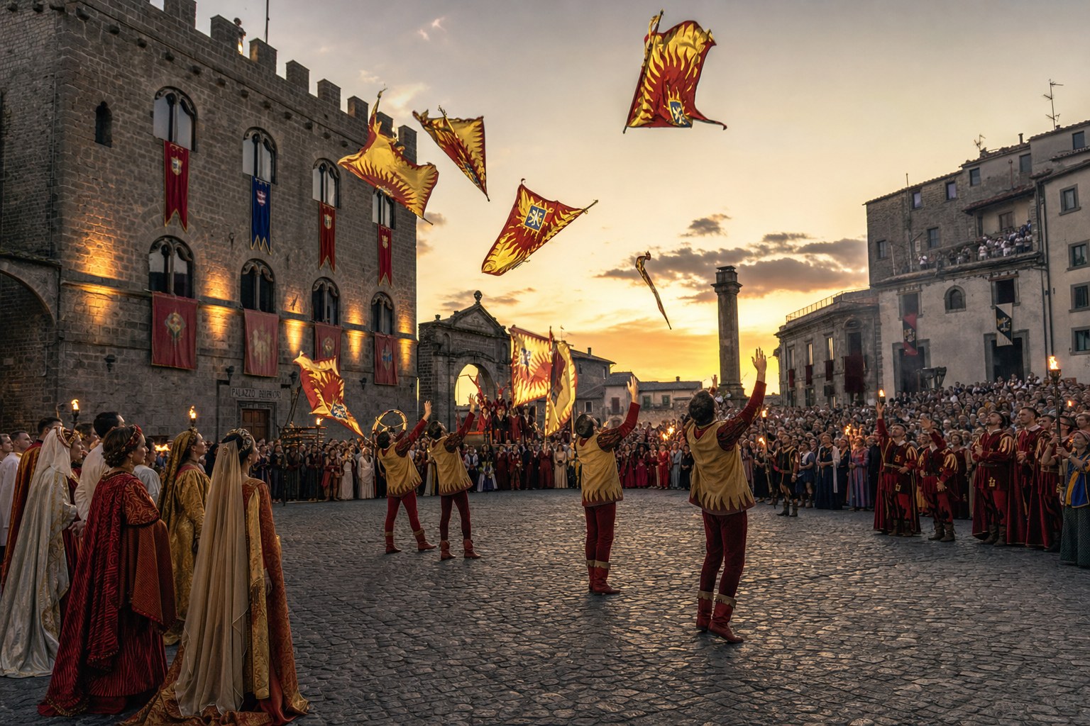 Corteo storico medievale in piazza a Viterbo con sbandieratori in costumi rossi e oro, tardo pomeriggio, pietra tufacea sullo sfondo.