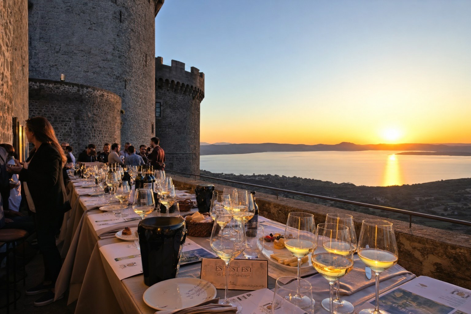 Rocca dei Papi di Montefiascone al tramonto con vista sul lago di Bolsena, tavoli di degustazione e calici di vino bianco.