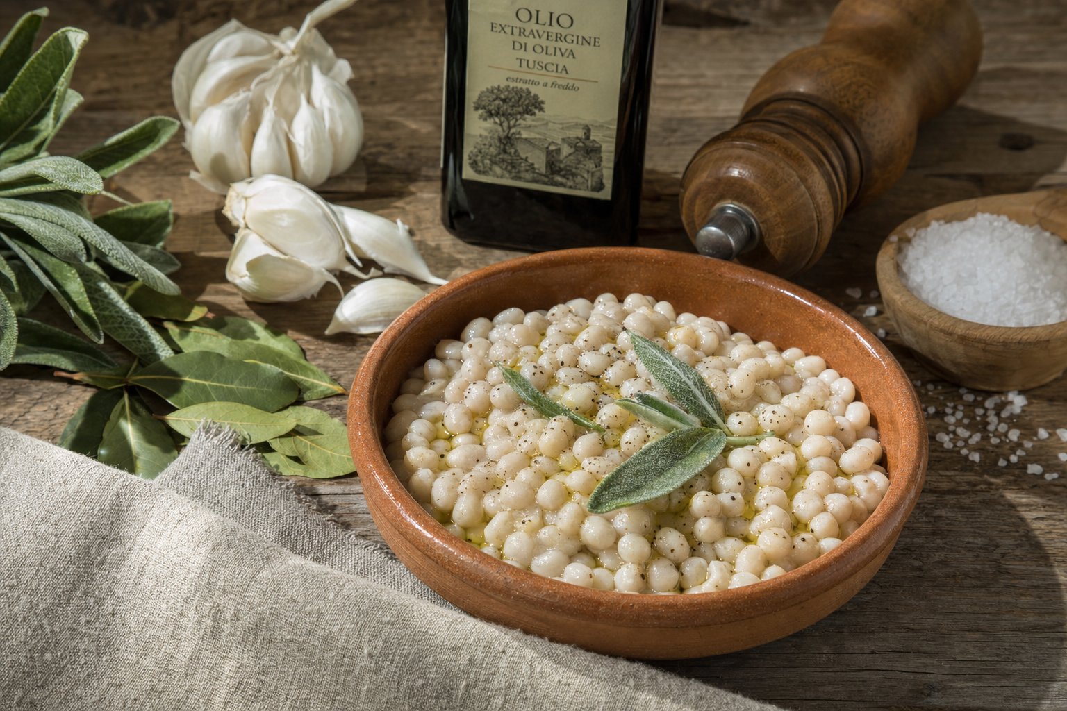 Fagioli del Purgatorio bianchi in ciotola di terracotta con salvia, alloro, aglio e olio della Tuscia su tavolo rustico.