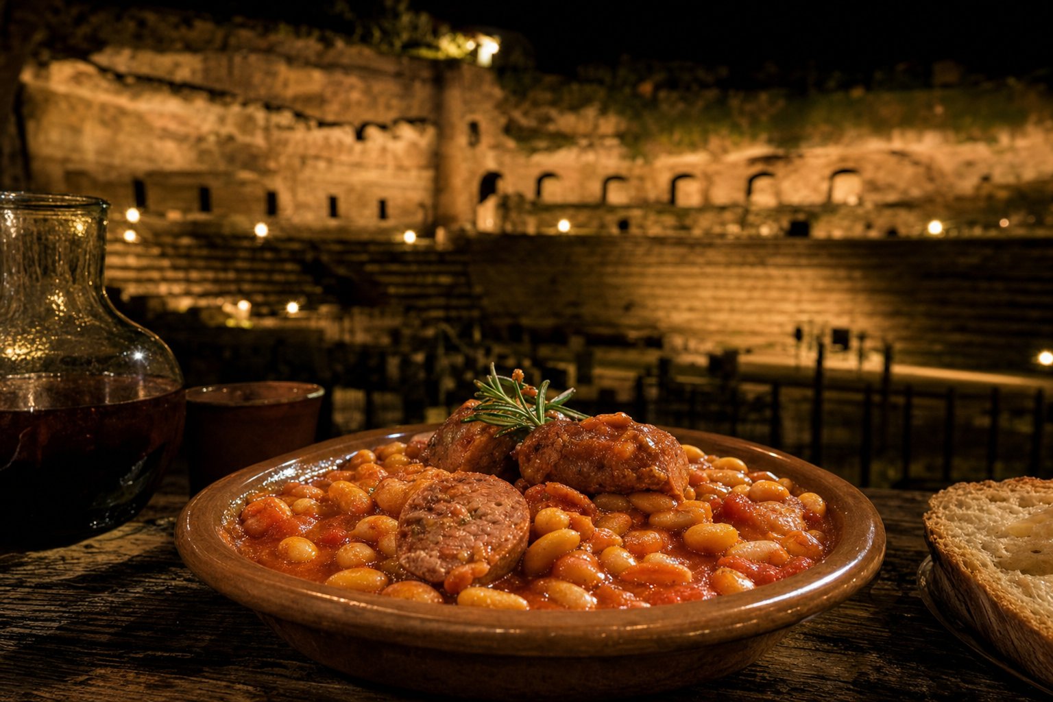 Piatto di fagioli in umido con salsiccia su tavolo di legno nella piazza di Sutri, sullo sfondo l'anfiteatro romano illuminato.
