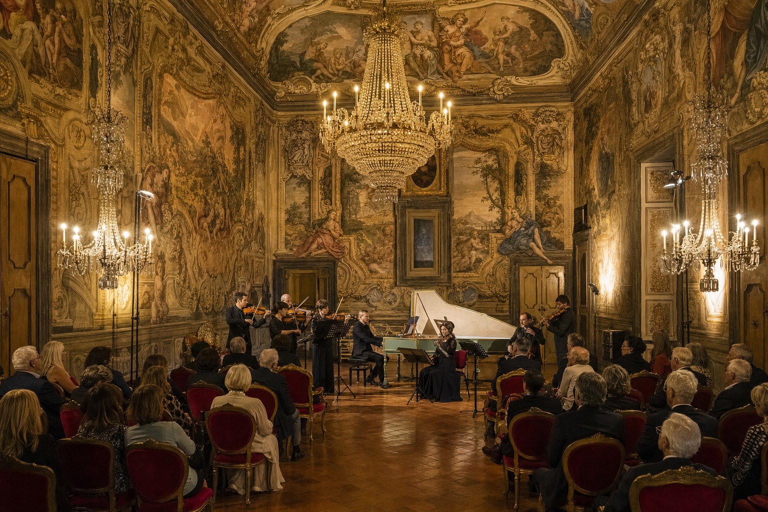 Interno di chiesa barocca con ensemble in costume storico che suona viole da gamba e clavicembalo, luce di candelabri, atmosfera raccolta.