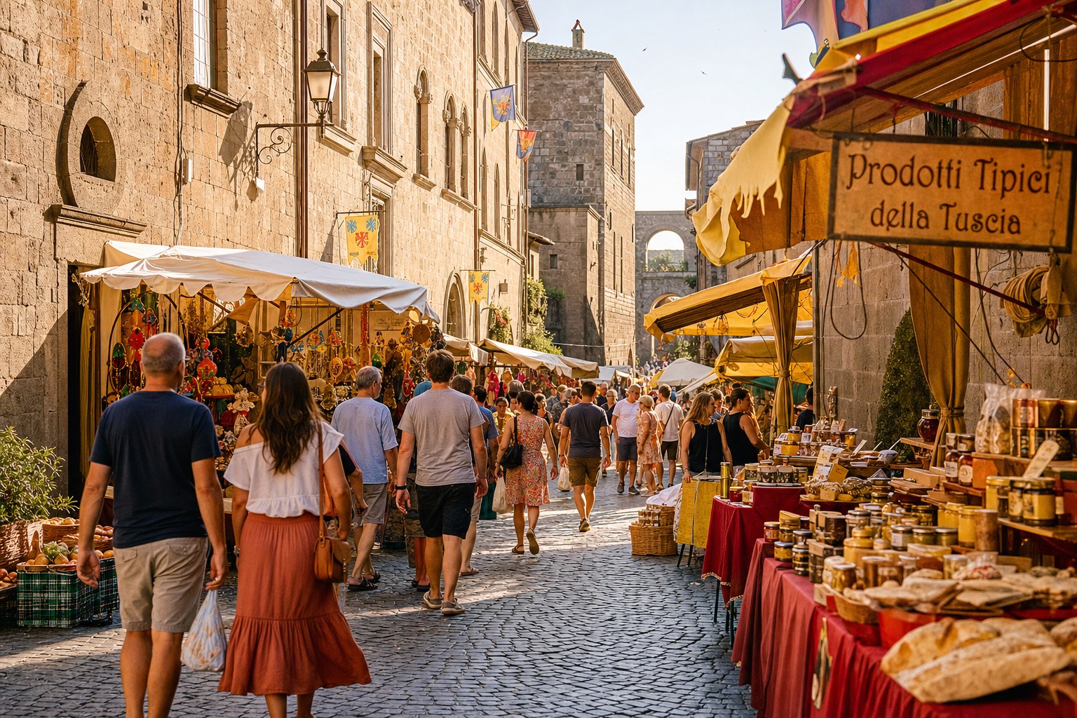 Bancarelle colorate in una via medievale di Viterbo di mattina, gente tra i banchi di prodotti locali, luce dorata e atmosfera festosa.