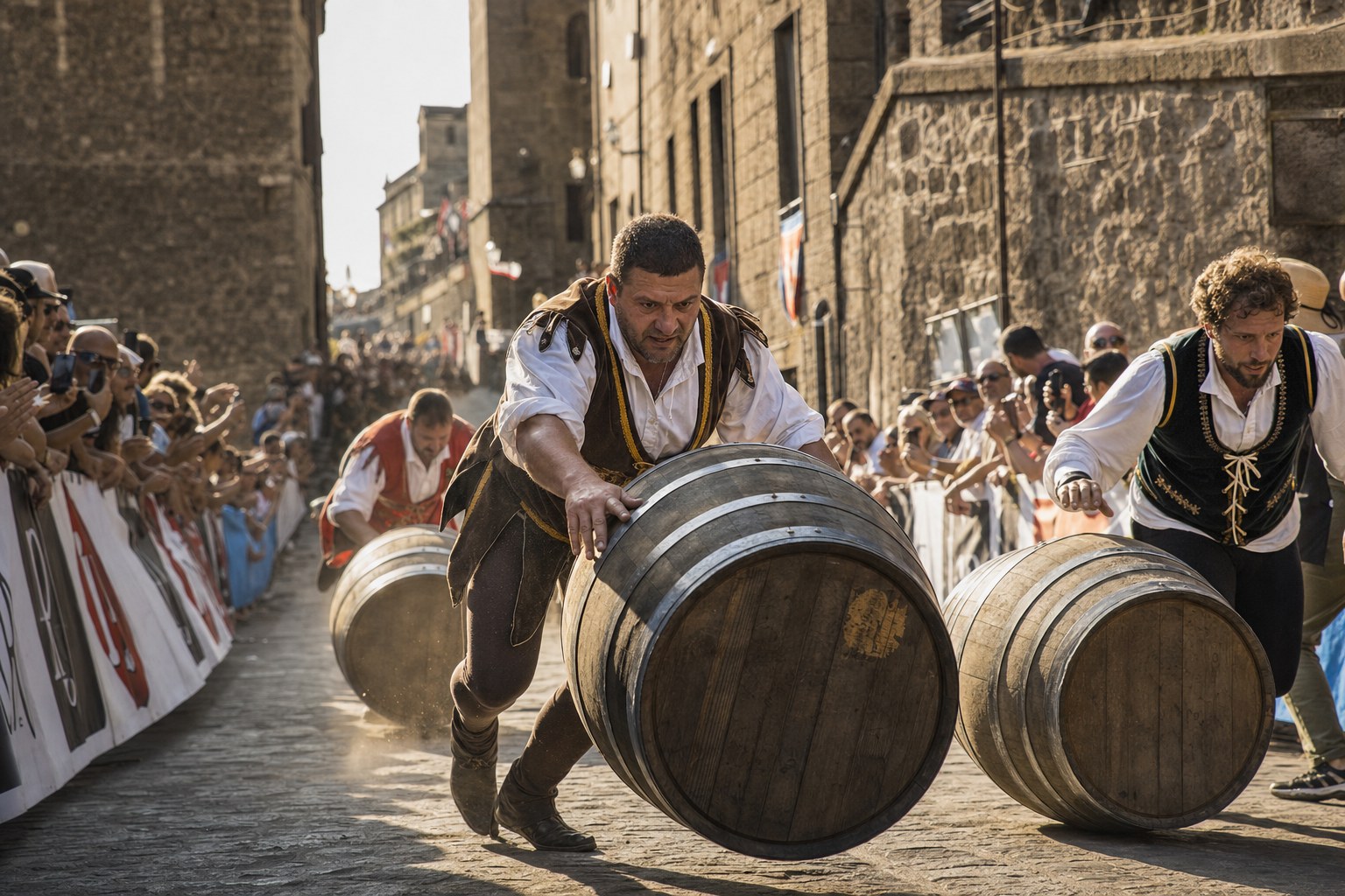 Botti di vino rotolate per una via medievale in salita a Montefiascone durante il Palio delle Botti, folla festosa nel pomeriggio.