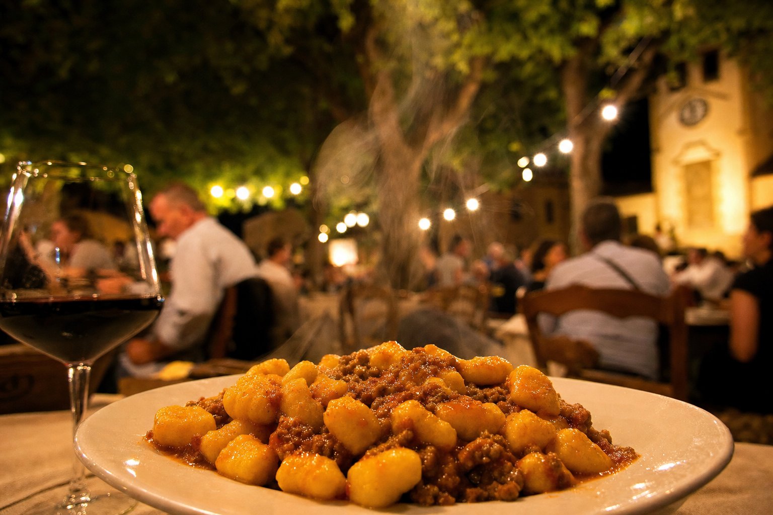 Piatto di gnocchi fumanti al ragù su tavolo di paese in Piazza Europa a San Lorenzo Nuovo, luci gialle e atmosfera conviviale.