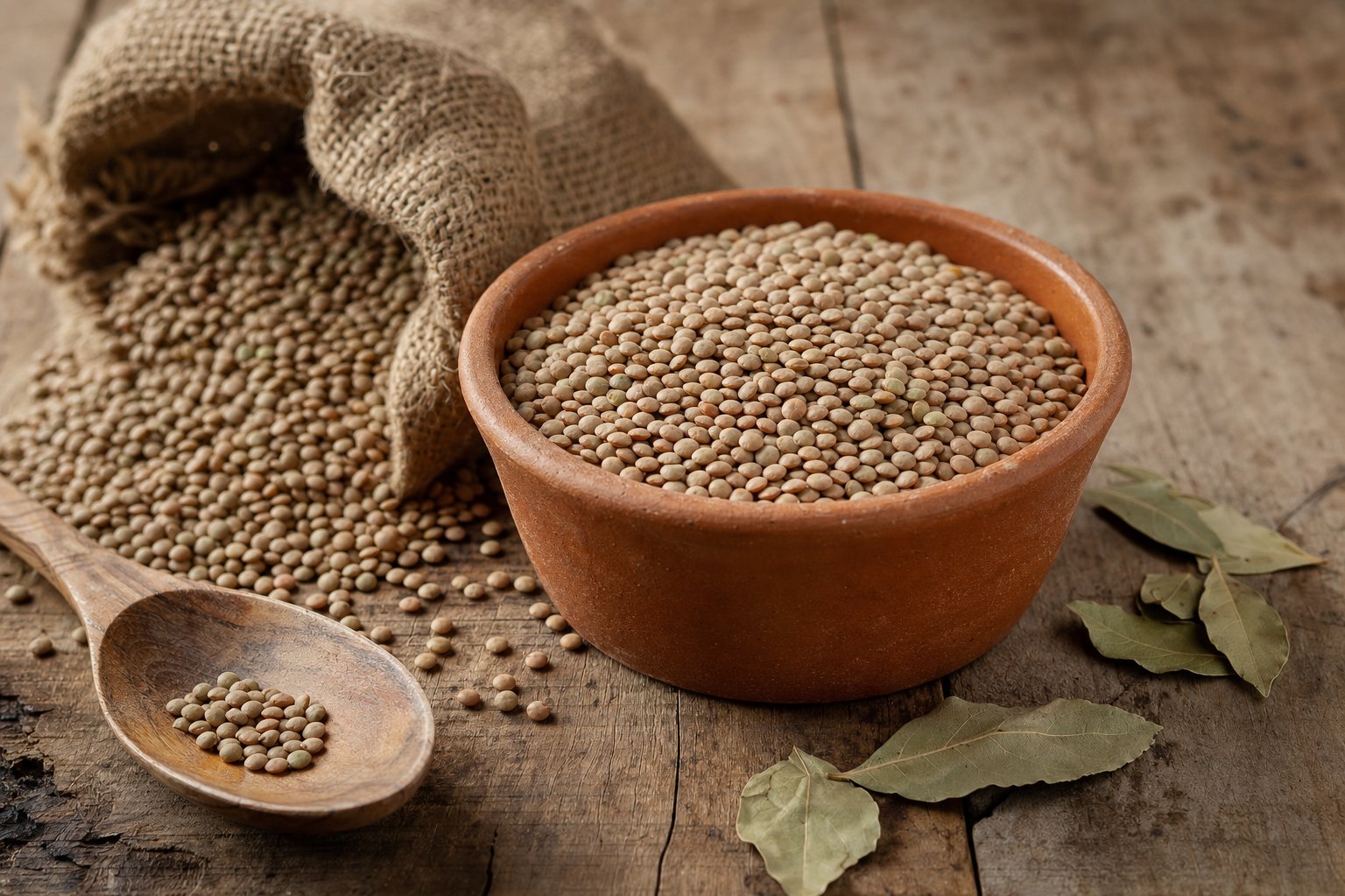 Lenticchie di Onano IGP marroni e verdastre in una ciotola di terracotta con cucchiaio di legno su tavolo rustico.