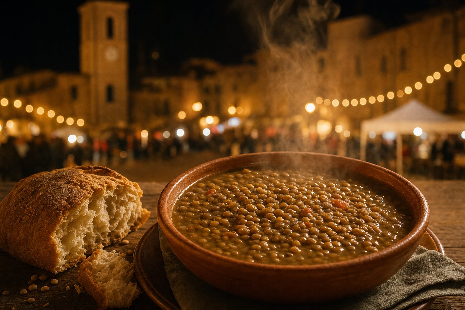 Piatto rustico di zuppa di lenticchie di Onano con pane casereccio su tavolo di legno, sullo sfondo la piazza del paese in festa.