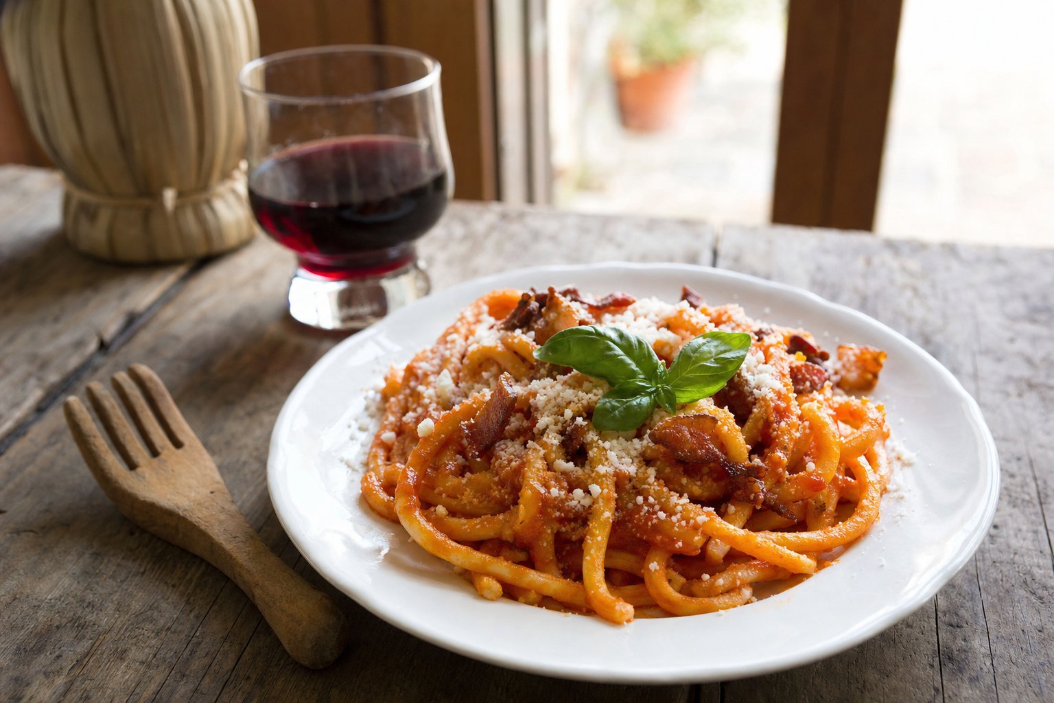 Piatto di lombrichelli alla viterbese con sugo rosso e pecorino, su tavolo rustico illuminato da luce naturale calda.