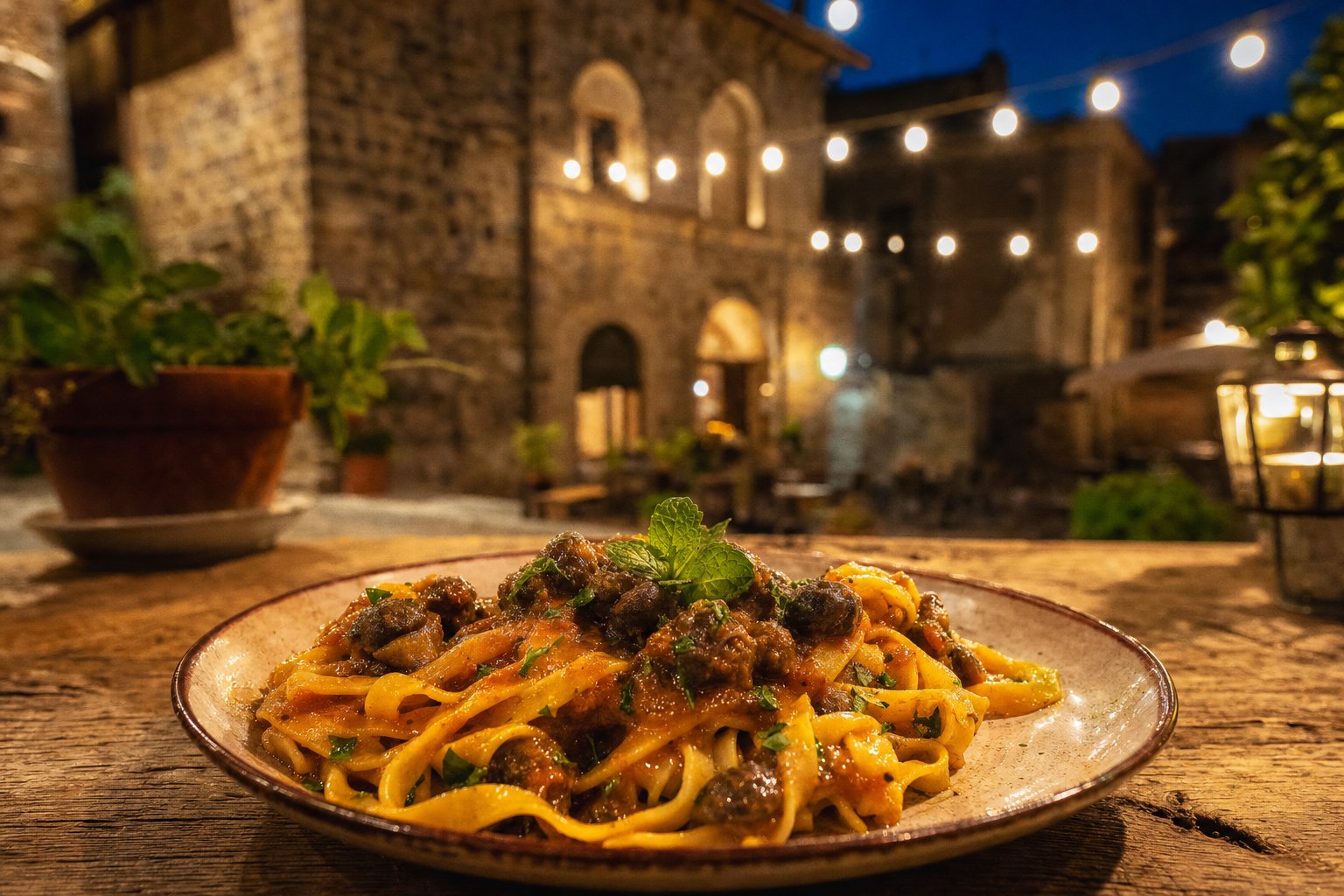 Castello di Graffignano illuminato da migliaia di piccole fiammelle di cera nella notte, atmosfera magica e cielo blu profondo.