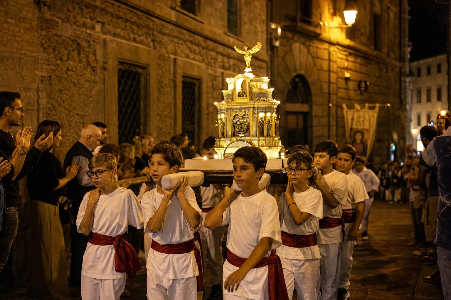 Bambini vestiti da facchini trasportano una piccola macchina di Santa Rosa illuminata in una via medievale di Viterbo di sera.