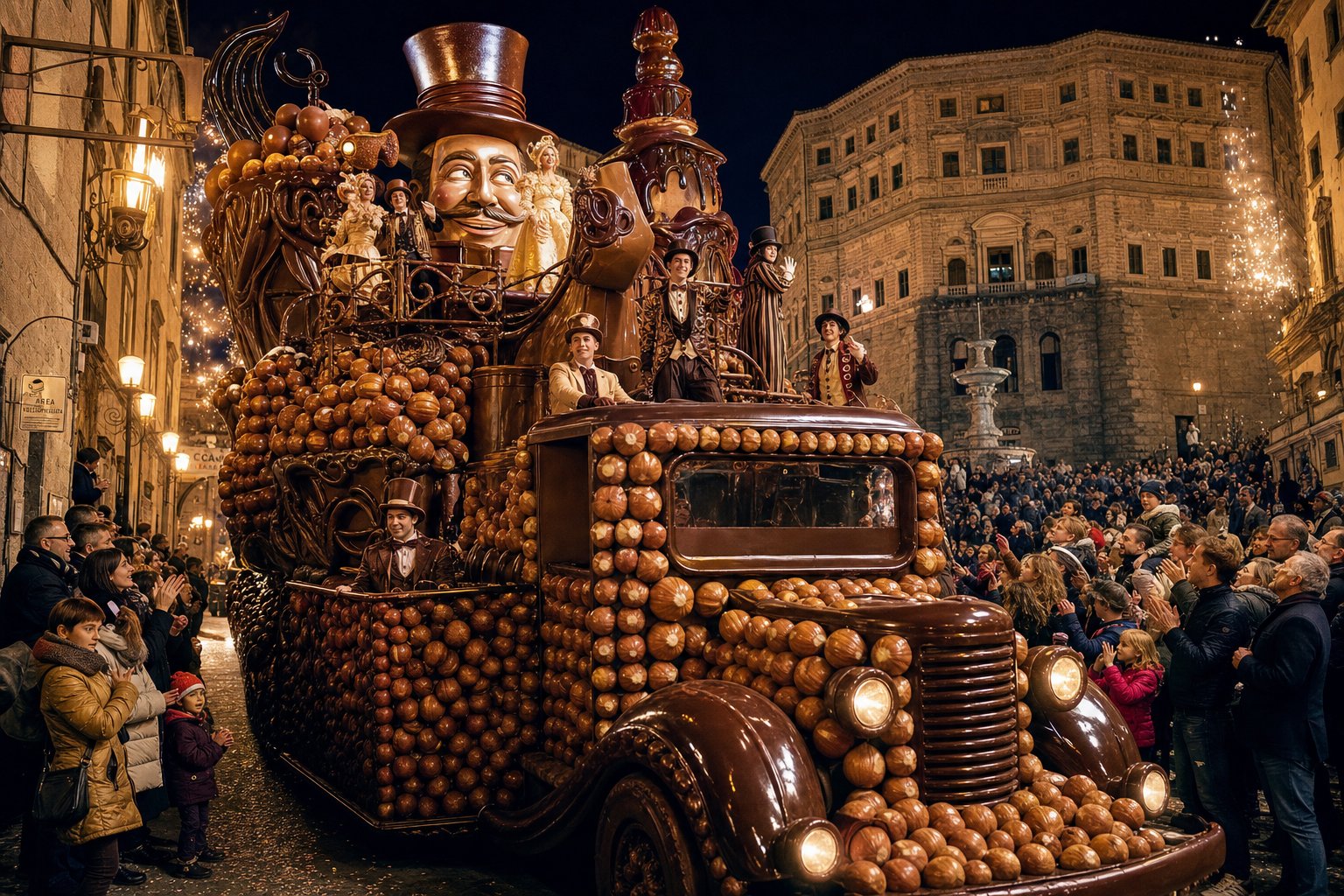 Carro allegorico di nocciole e cioccolato a tema fantastico che sfila per una via di Caprarola con Palazzo Farnese sullo sfondo.