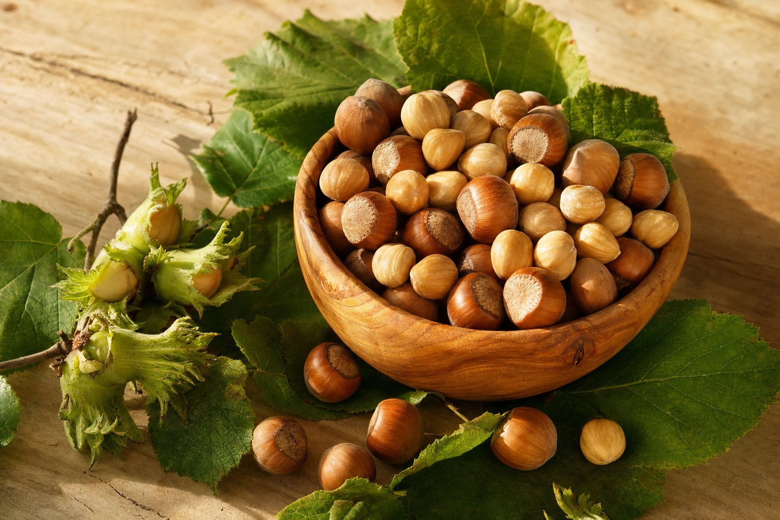 Nocciole Romane DOP con e senza guscio in ciotola di legno, foglie verdi sullo sfondo e luce dorata dei Monti Cimini.