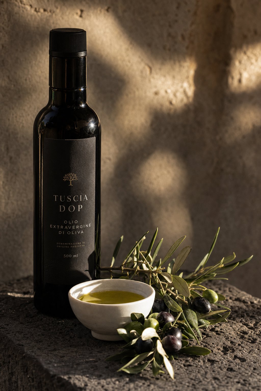 Olio Tuscia DOP versato in una coppa di ceramica con ramoscello d’olivo e pane rustico su tavolo di pietra illuminato.