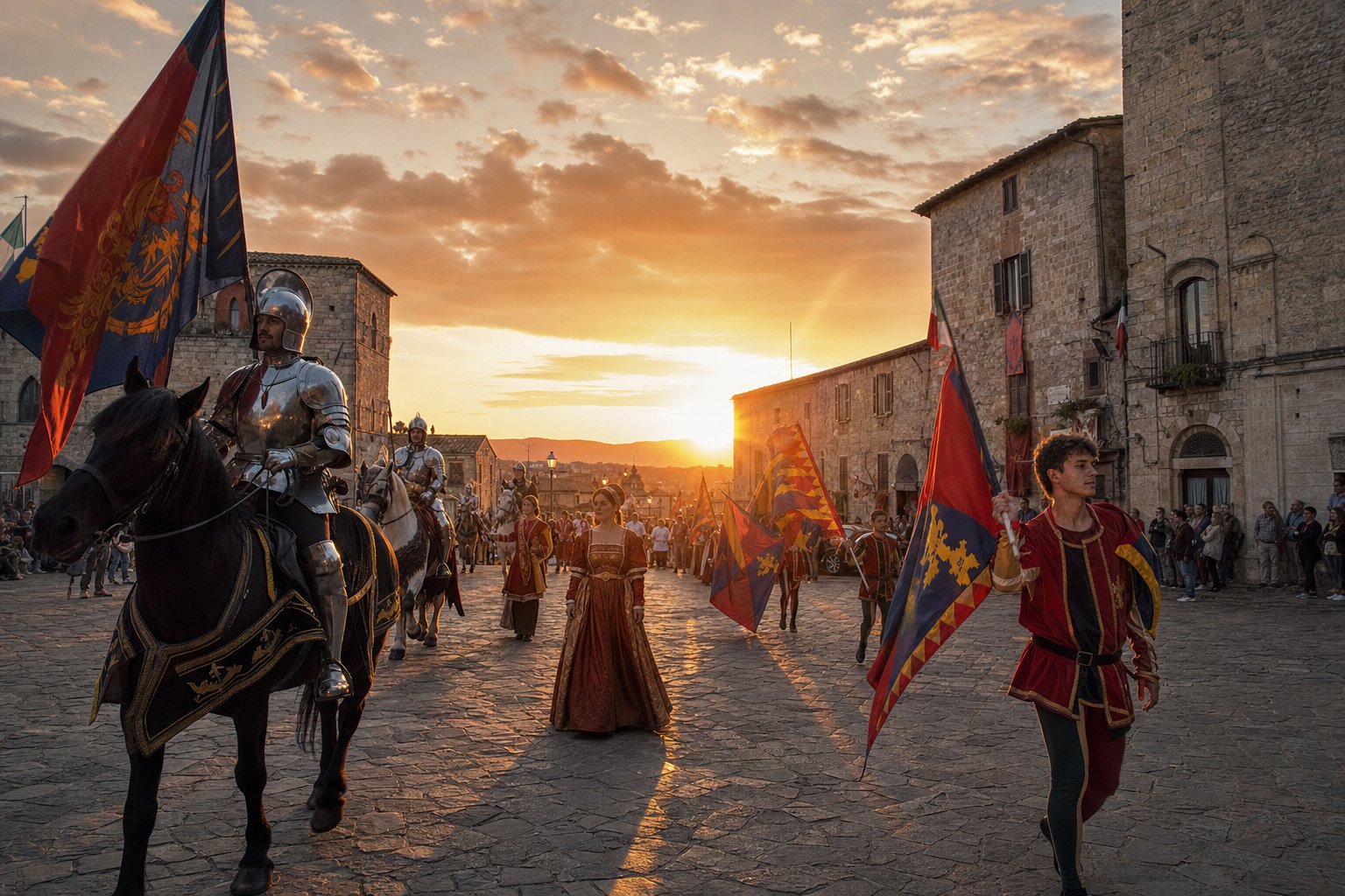 Corteo storico medievale con dame e cavalieri in costume trecentesco per le vie di Orte al crepuscolo, bandiere delle contrade.