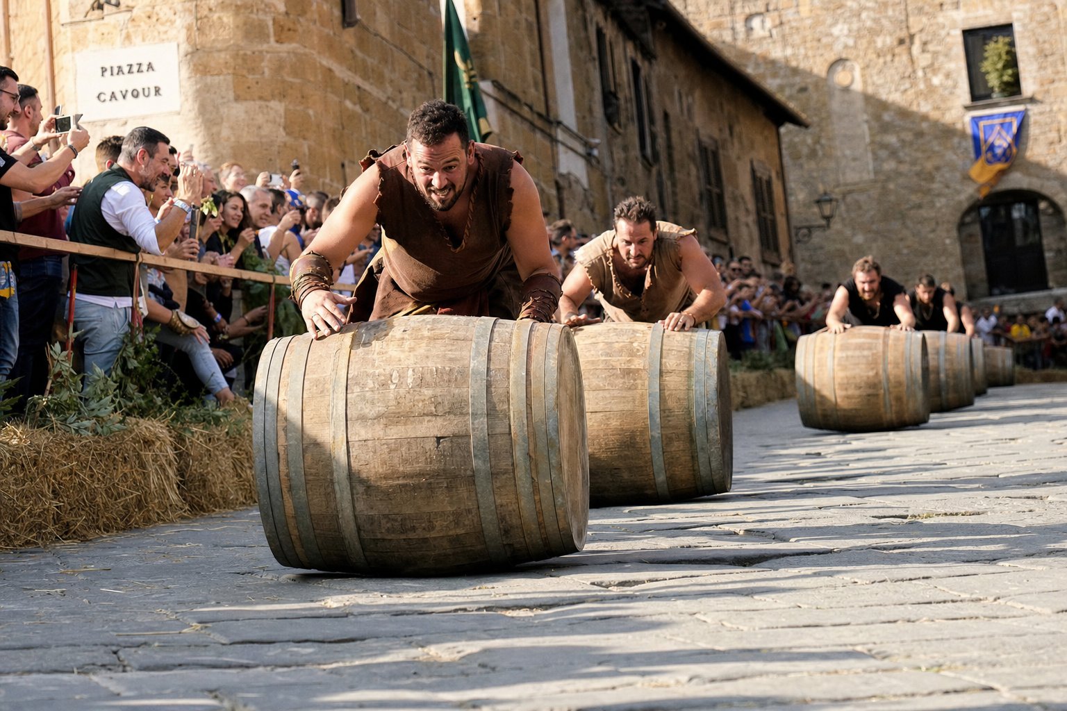 Asini con fantini in costume medievale che corrono nella piccola piazza di Civita di Bagnoregio, folla che tifa dai balconi.