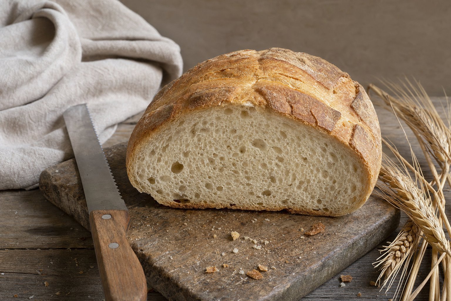 Pagnotta di pane sciapo della Tuscia tagliata, con crosta dorata e mollica porosa su tavola di legno e canovaccio.