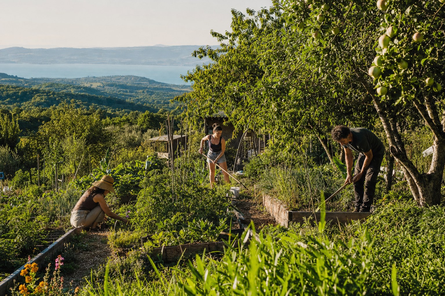 Giardino di permacultura con orto sinergico e alberi da frutto, persone che lavorano la terra in giornata di sole nella Tuscia.