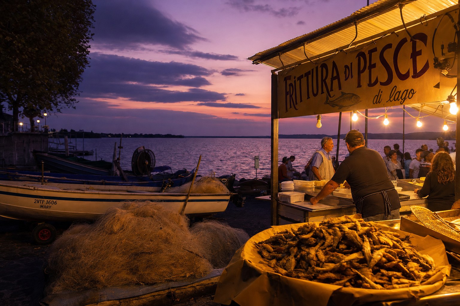 Barche di pescatori sul lungolago di Marta al crepuscolo con stand di frittura di pesce e luci calde della sera.