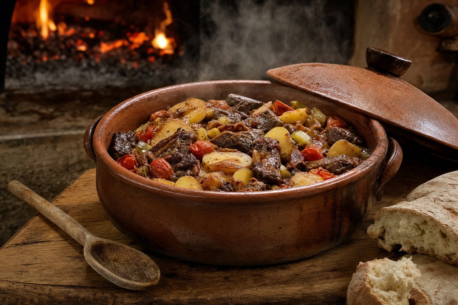 Pignatta di terracotta con pignattaccia viterbese fumante, carni brasate e patate in sugo denso su tavola di legno.