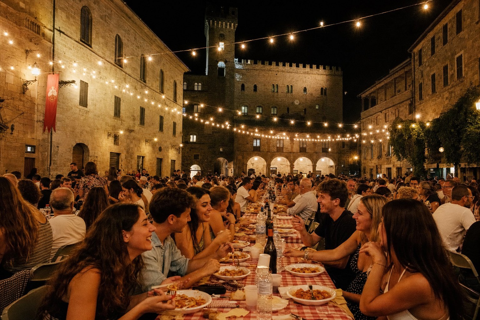 Piazza medievale di Bolsena con tavolate popolari illuminate da lucine, piatti tradizionali e atmosfera calda e conviviale serale.