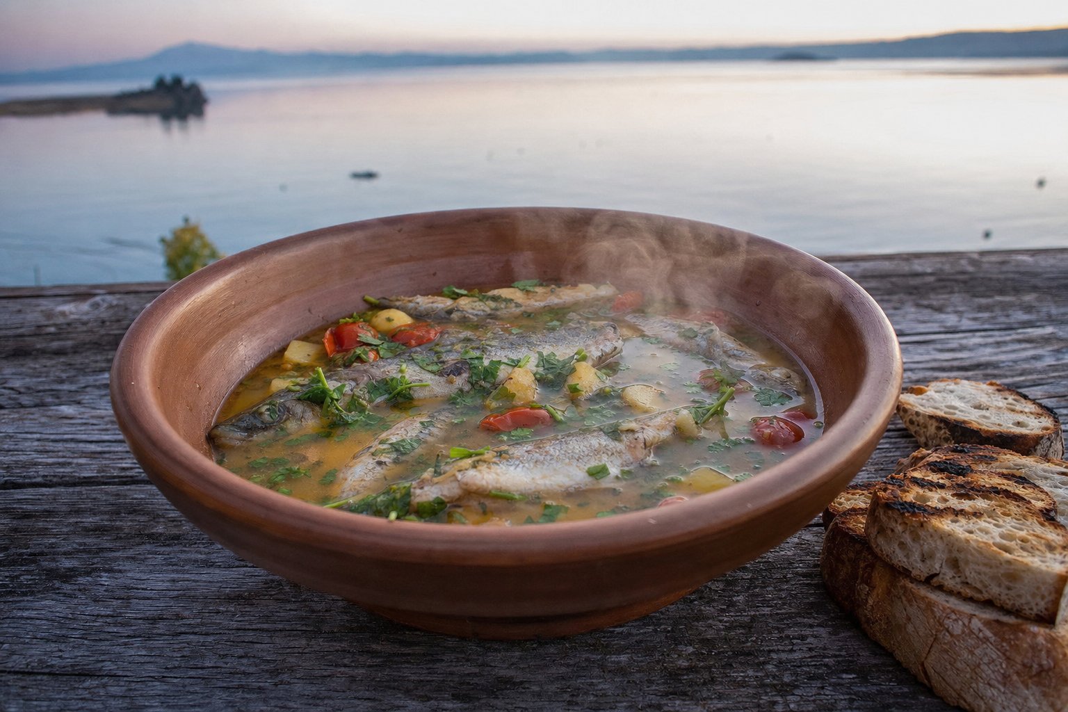 Ciotola di coccio con sbroscia di Bolsena fumante, pesce di lago, patate e mentuccia accanto a pane abbrustolito.
