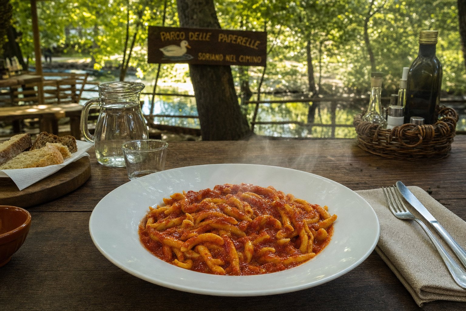 Piatto di strozzapreti al sugo su tavolo di legno all'ombra del bosco al Parco delle Paperelle, atmosfera settembrina conviviale.