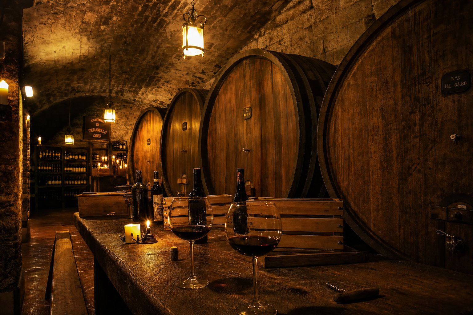 Interno di una cantina sotterranea a Vignanello con botti di legno antico, calici di vino rosso e luce calda di candela storica.