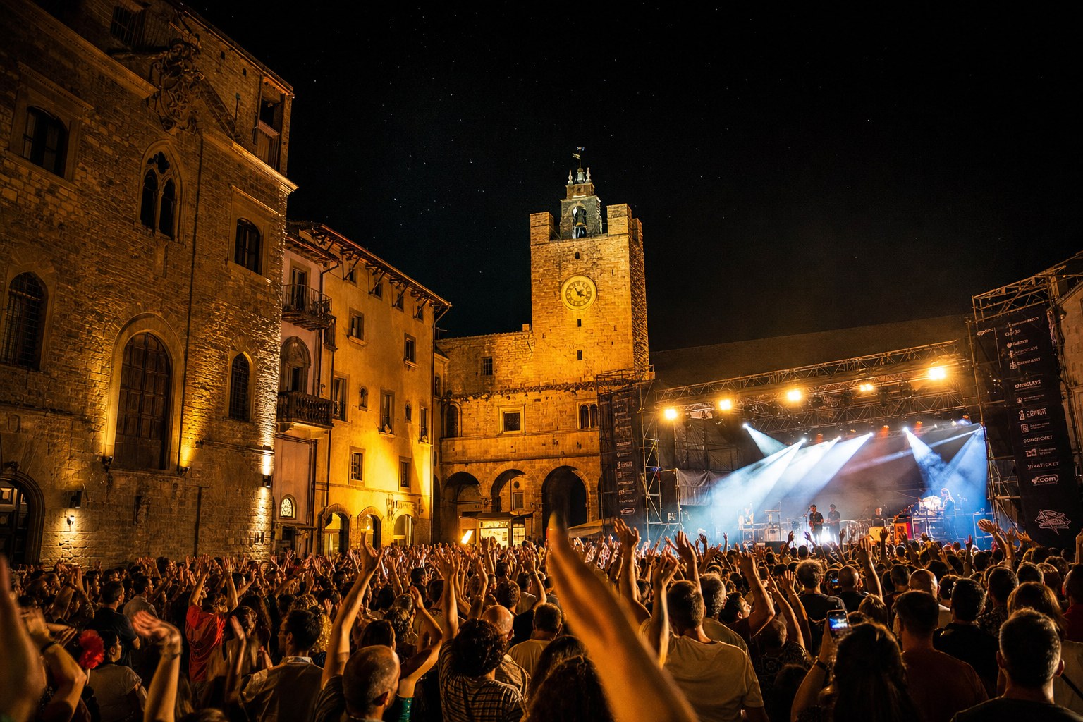 Piazza del Plebiscito a Viterbo di sera con concerto in corso, folla festante, luci del palco sui palazzi storici e cielo stellato.